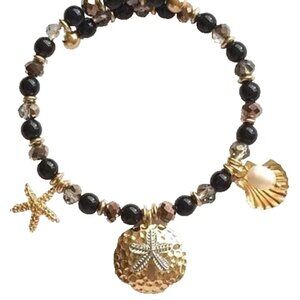 Sand Dollar Charm Bracelet Pearl Scallop Shell Starfish Sea Life Gold Tone Beads